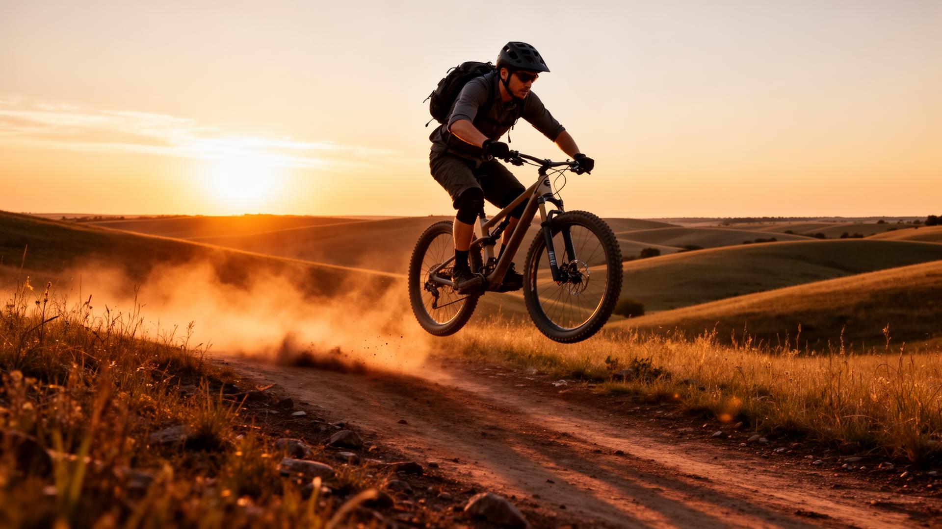 Mountain biker on a dirt trail at golden hour