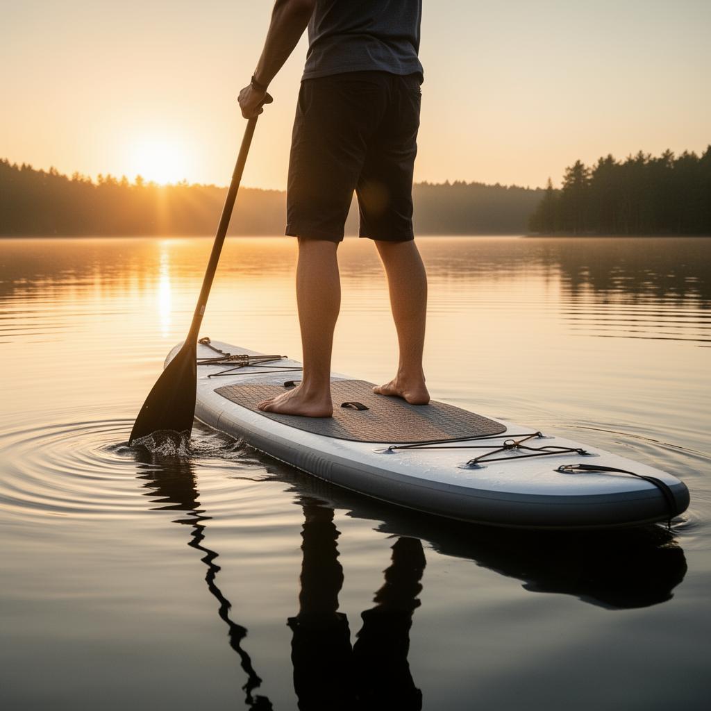Stand-up paddleboarder on calm water at sunrise