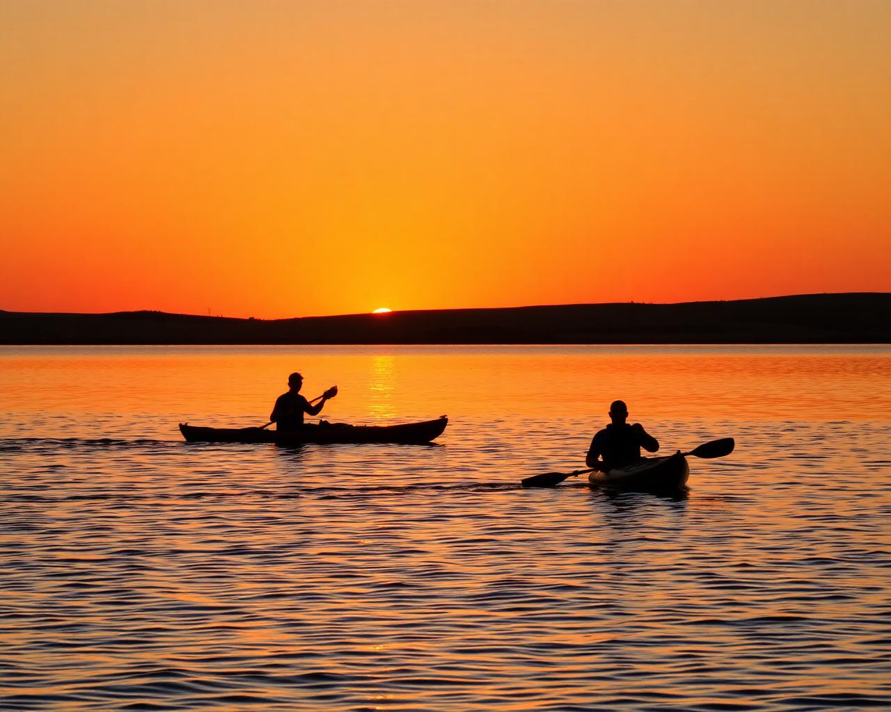 Kayakers paddling on Wilson Lake at sunset